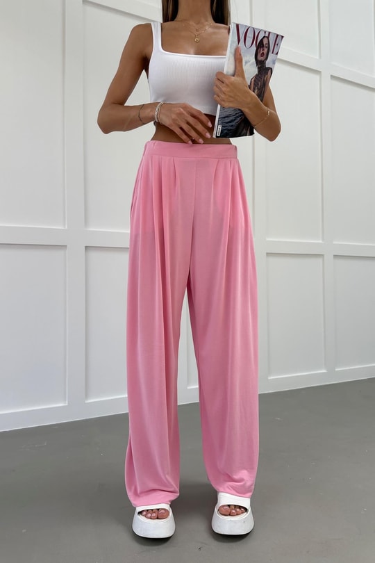 Pileli Geniş Paça Modal Pantolon Pembe