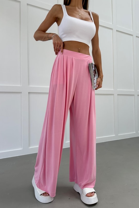 Pileli Geniş Paça Modal Pantolon Pembe
