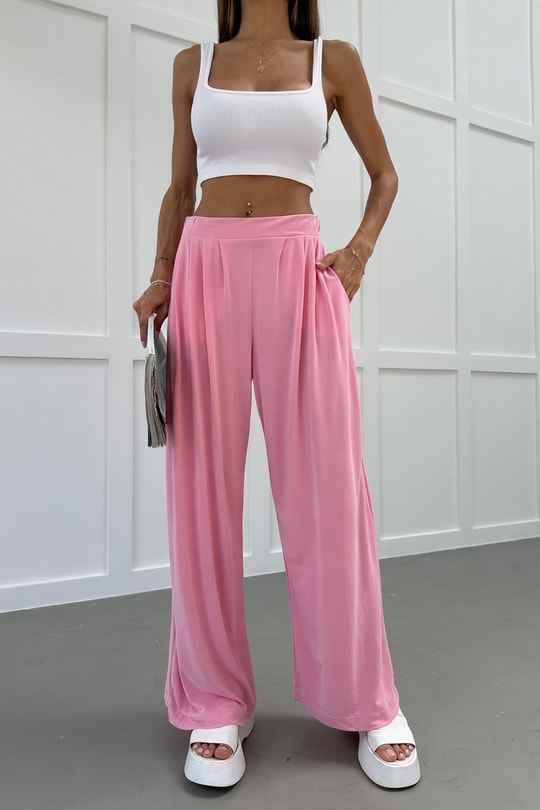 Pileli Geniş Paça Modal Pantolon Pembe