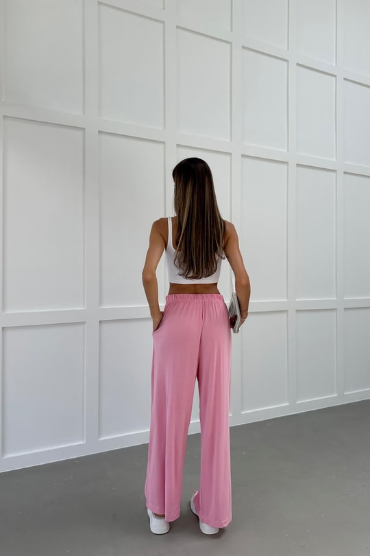 Pileli Geniş Paça Modal Pantolon Pembe