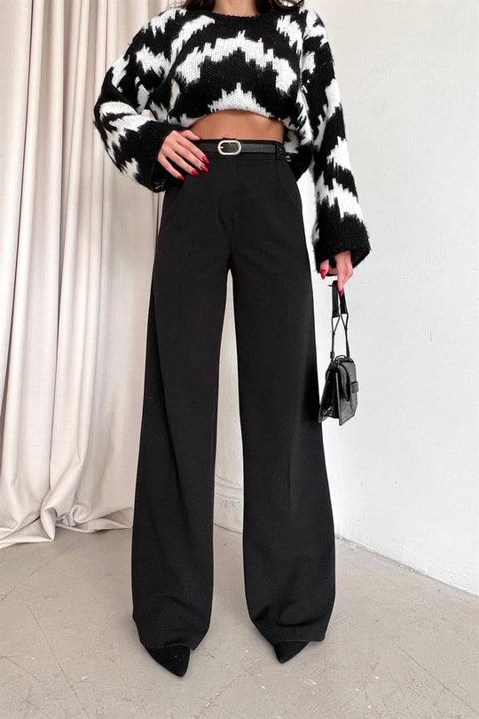 Pileli Kemerli Classic Pantolon Siyah
