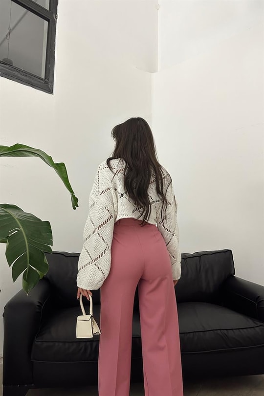 Pileli Yüksek Bel Pantolon Gül Kurusu