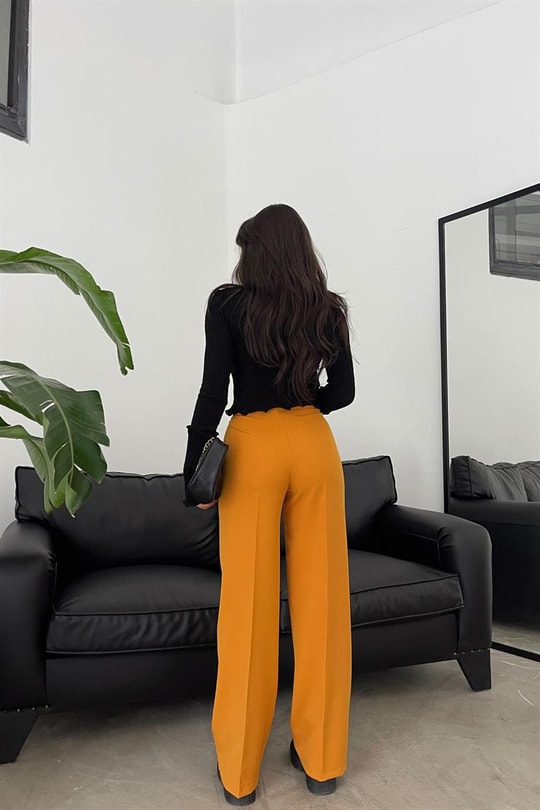 Pileli Yüksek Bel Pantolon Hardal
