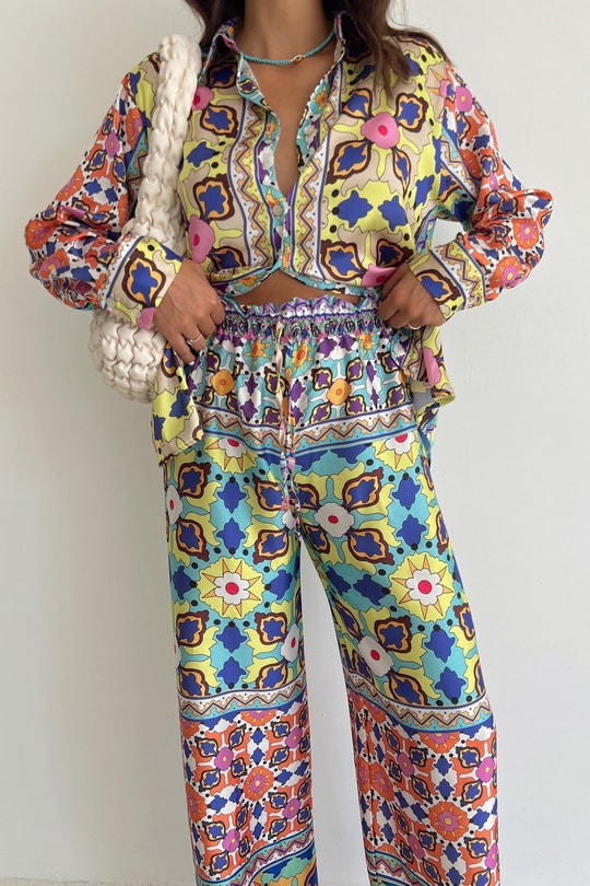 Retro Pattern Saten Pantolon Saks Mavisi