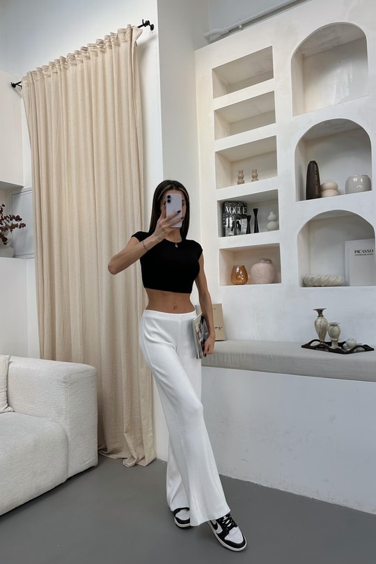 Ribanalı Basic Triko Pantolon Beyaz