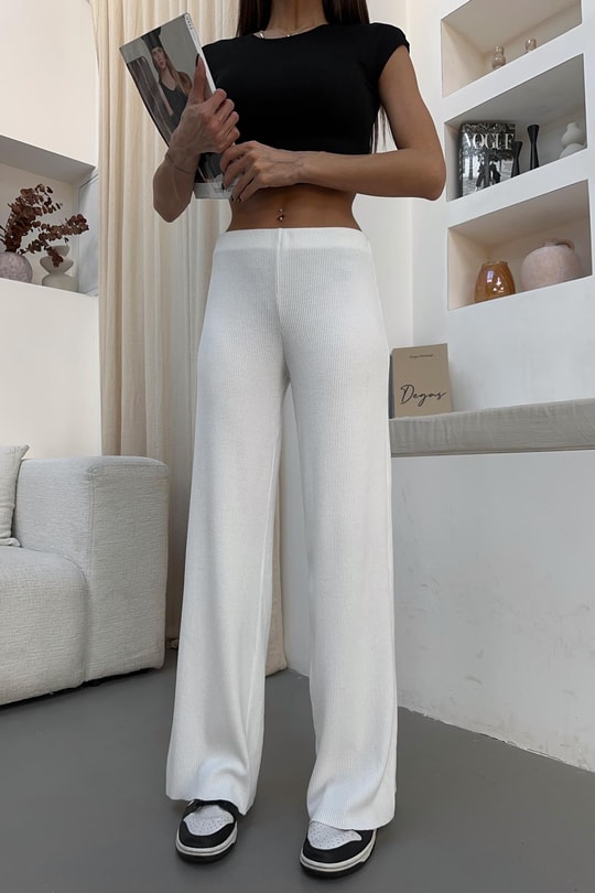 Ribanalı Basic Triko Pantolon Beyaz
