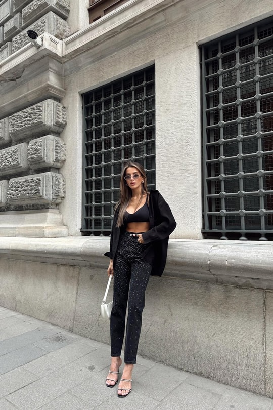 Taşlı Jean Siyah