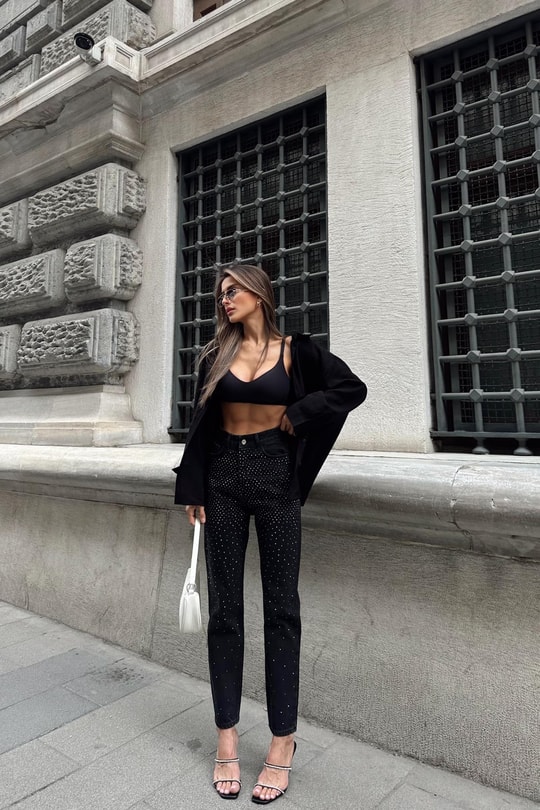 Taşlı Jean Siyah
