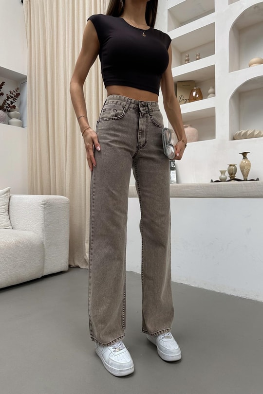 Yıkamalı Wide Leg Jean Açık Kahve