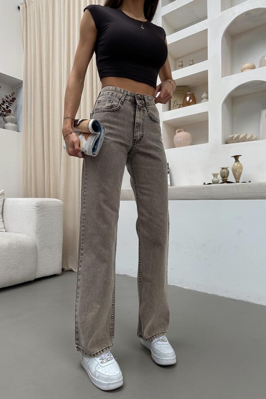 Yıkamalı Wide Leg Jean Açık Kahve