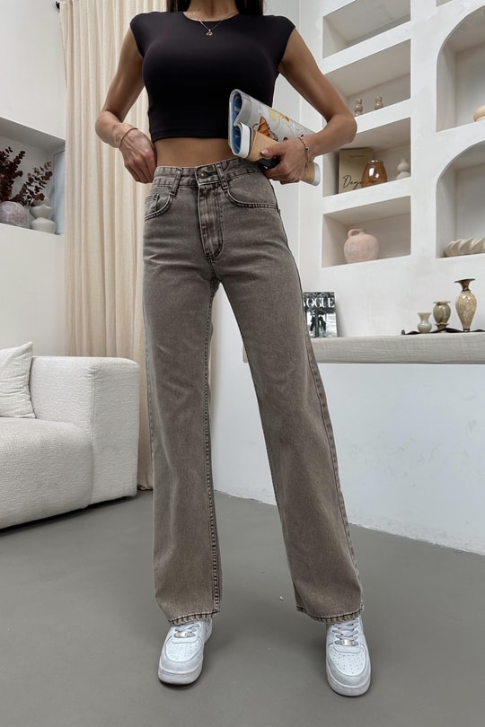 Yıkamalı Wide Leg Jean Açık Kahve