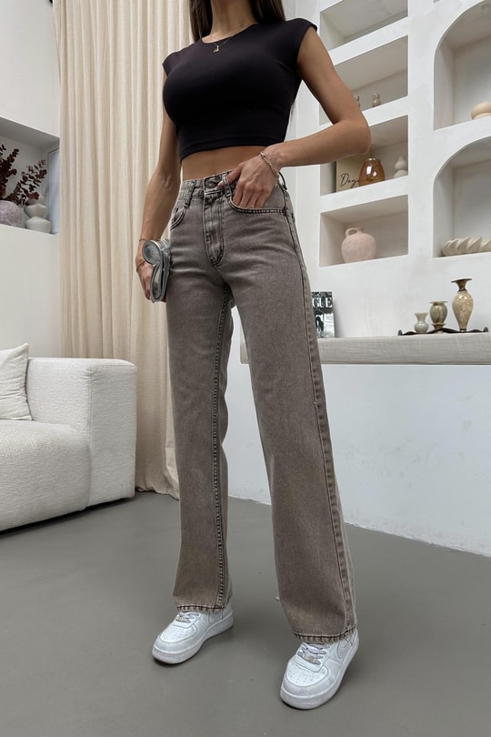 Yıkamalı Wide Leg Jean Açık Kahve