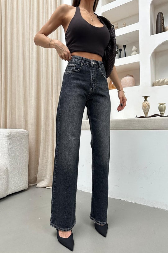 Yıkamalı Wide Leg Jean Antrasit