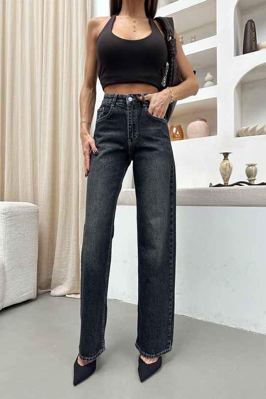 Yıkamalı Wide Leg Jean Antrasit