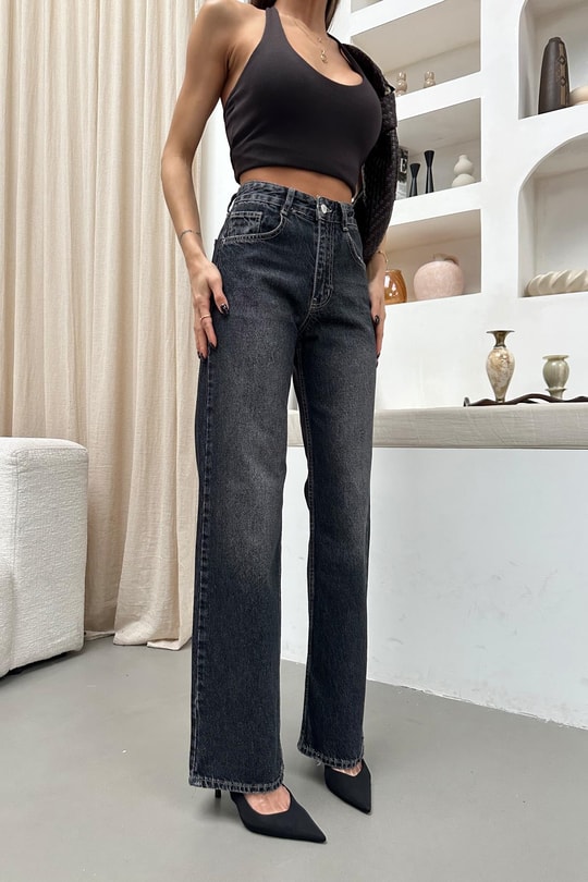 Yıkamalı Wide Leg Jean Antrasit