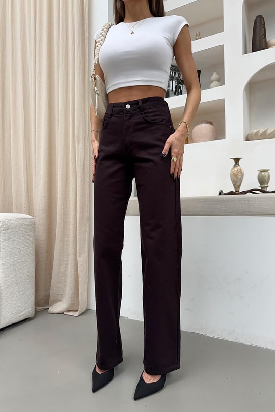 Yıkamalı Wide Leg Jean Koyu Kahve