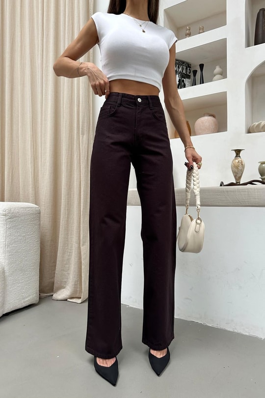 Yıkamalı Wide Leg Jean Koyu Kahve