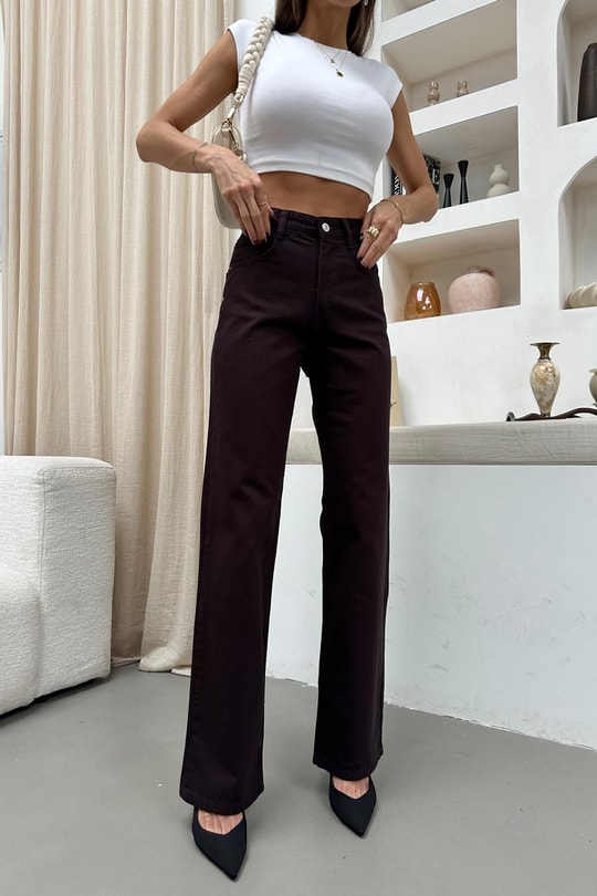 Yıkamalı Wide Leg Jean Koyu Kahve