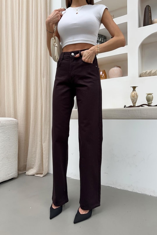 Yıkamalı Wide Leg Jean Koyu Kahve