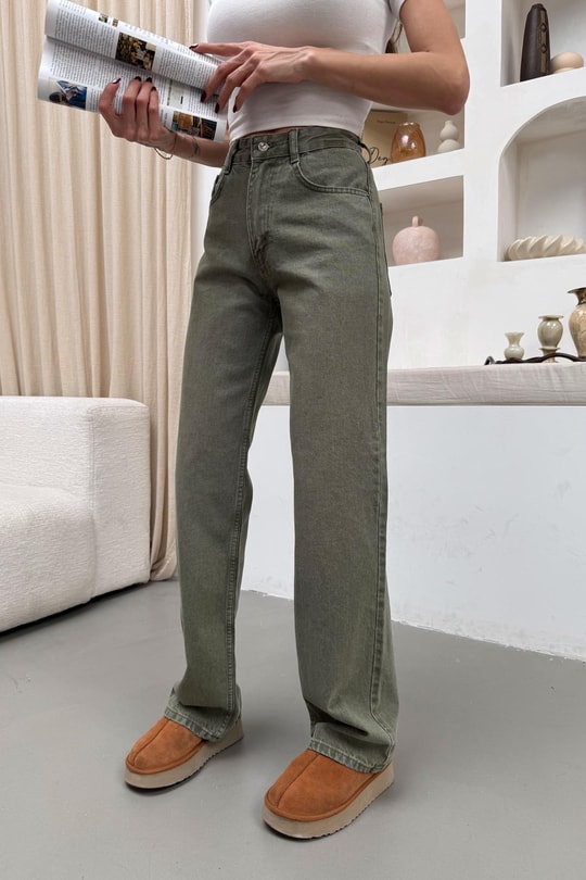 Yıkamalı Wide Leg Jean Yeşil