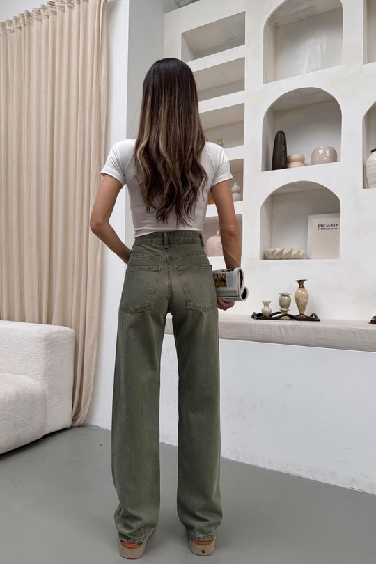 Yıkamalı Wide Leg Jean Yeşil