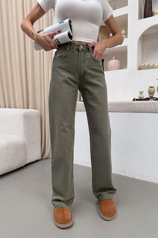 Yıkamalı Wide Leg Jean Yeşil