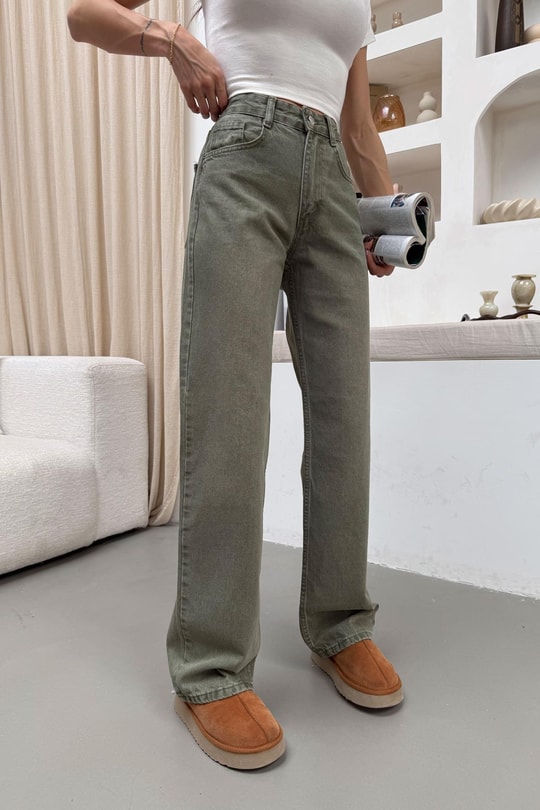 Yıkamalı Wide Leg Jean Yeşil
