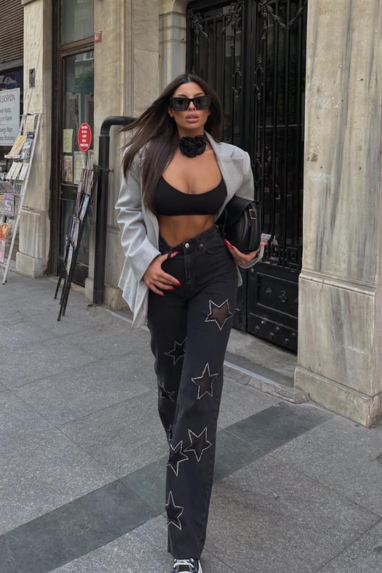 Yıldız Desenli Crop Straight Jean Siyah