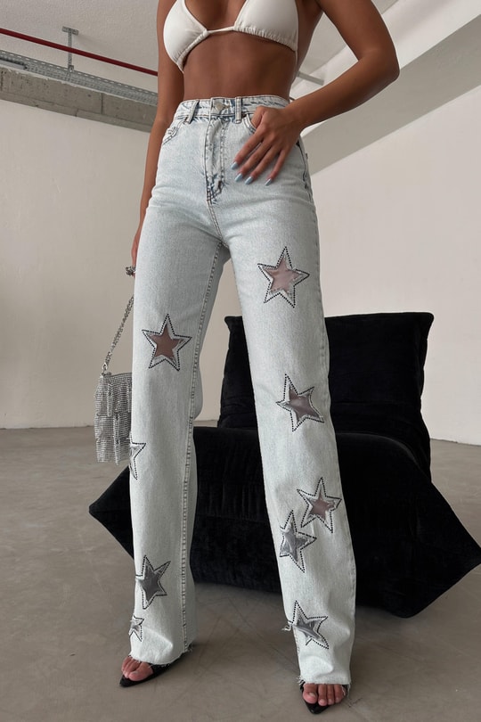 Yıldız Desenli Crop Straight Jean Buz Mavi