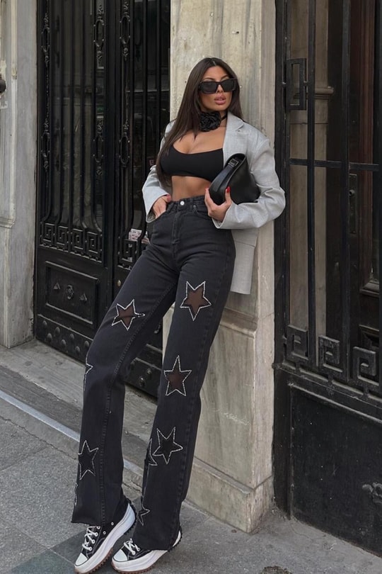 Yıldız Desenli Crop Straight Jean Siyah