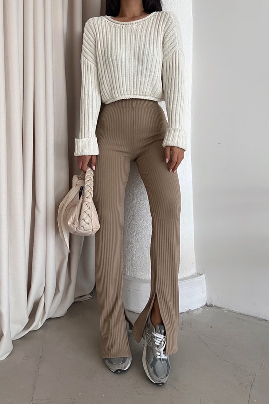 Yırtmaçlı Fitilli Pantolon Camel