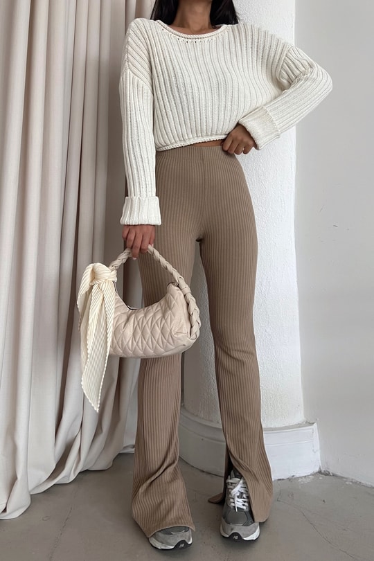 Yırtmaçlı Fitilli Pantolon Camel