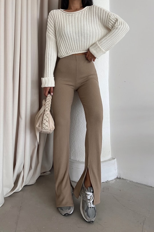 Yırtmaçlı Fitilli Pantolon Camel