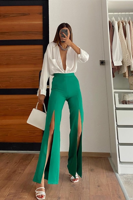 Yırtmaçlı Pantolon Yeşil