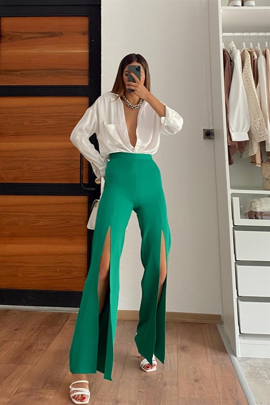 Yırtmaçlı Pantolon Yeşil