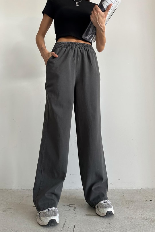 Yüksek Bel Gabardin Pantolon Füme