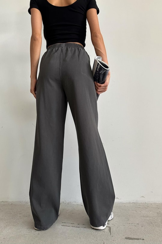 Yüksek Bel Gabardin Pantolon Füme