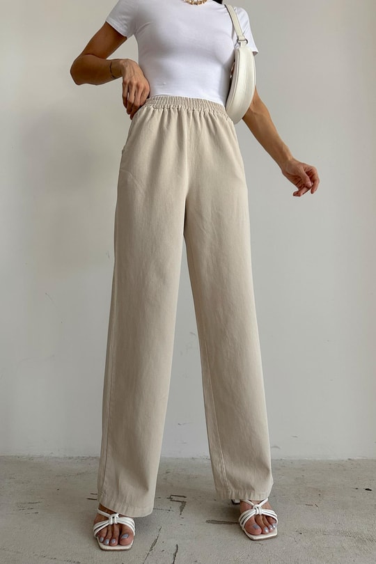 Yüksek Bel Gabardin Pantolon Taş