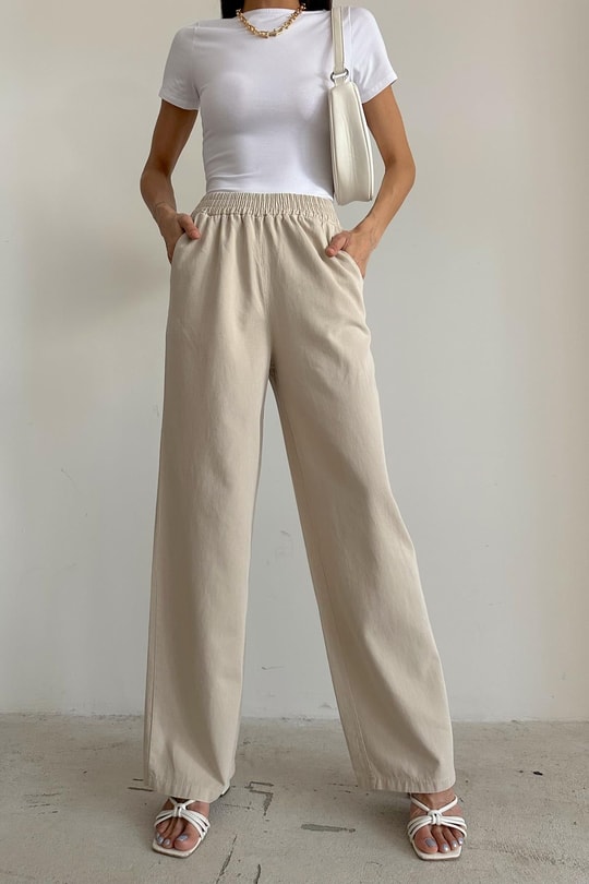 Yüksek Bel Gabardin Pantolon Taş