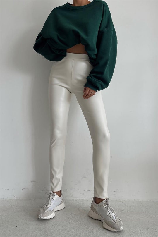 Yüksek Bel Skinny Deri Pantolon Ekru