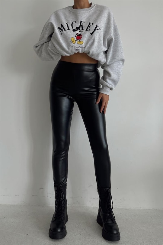 Yüksek Bel Skinny Deri Pantolon Siyah