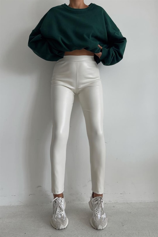 Yüksek Bel Skinny Deri Pantolon Ekru