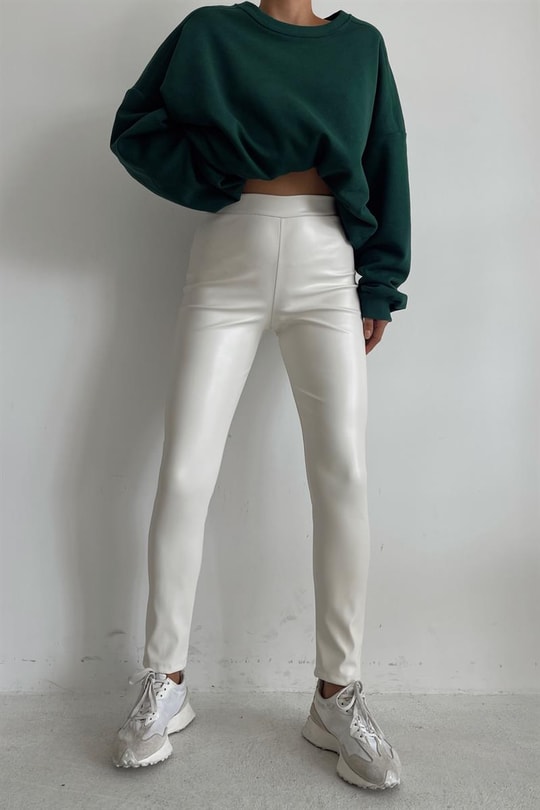 Yüksek Bel Skinny Deri Pantolon Ekru
