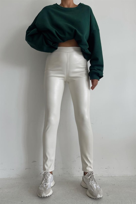 Yüksek Bel Skinny Deri Pantolon Ekru