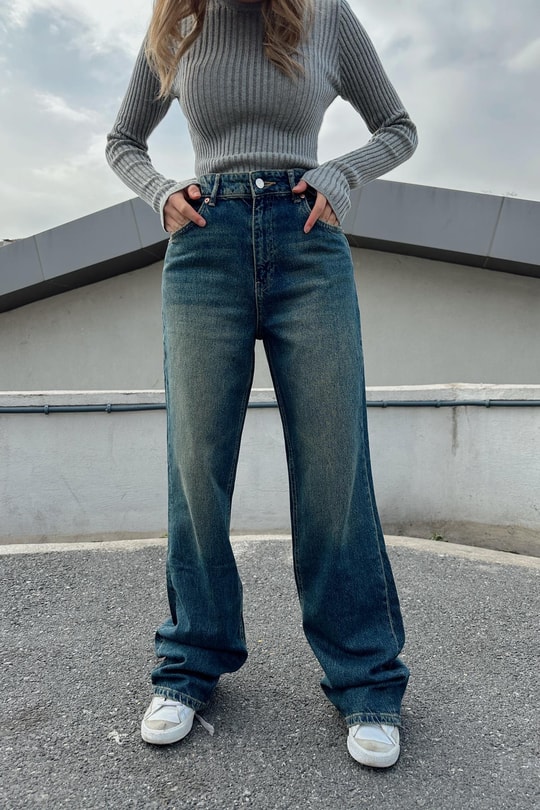 Yüksek Bel Straight Jean Lacivert