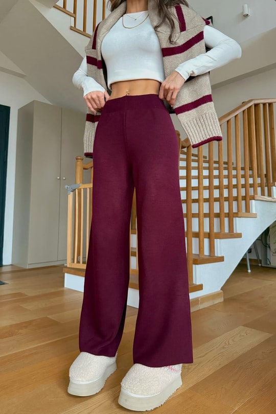 Yüksek Bel Triko Pantolon Bordo
