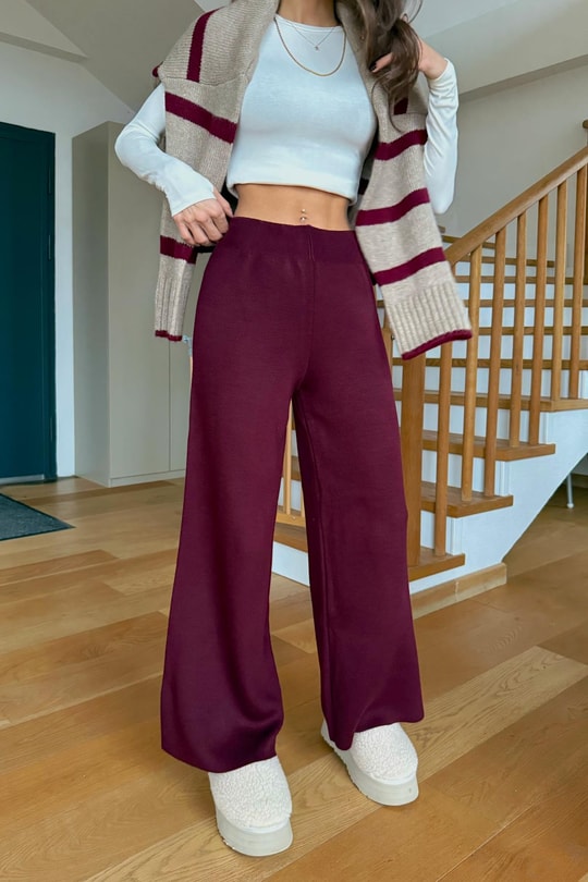 Yüksek Bel Triko Pantolon Bordo