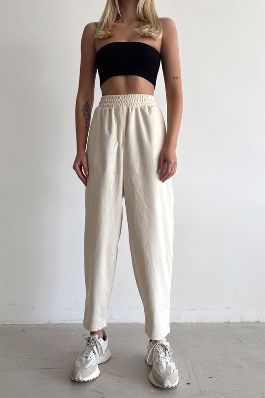 Yumoş Kadife Jogger Pantolon Ekru