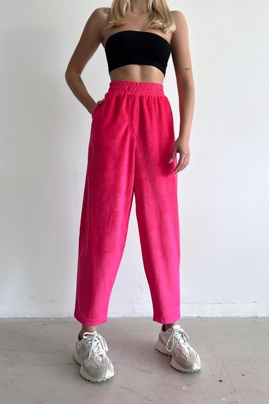 Yumoş Kadife Jogger Pantolon Fuşya
