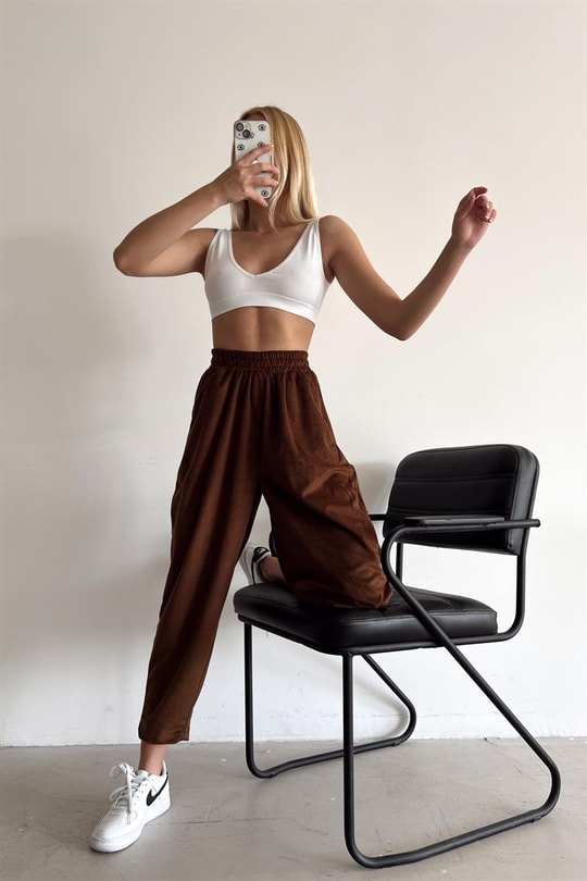 Yumoş Kadife Jogger Pantolon Kahve